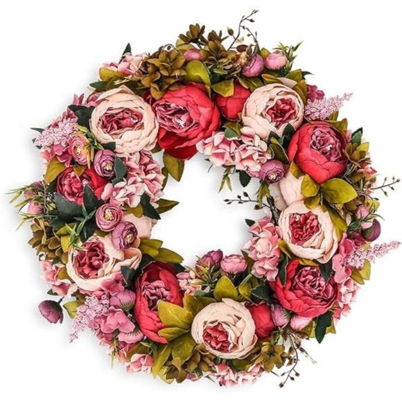 Artificial Peony Flower Wreath 19Inch Vintage Blooming SilkPeonies Spring Summer - Picture 8 of 8